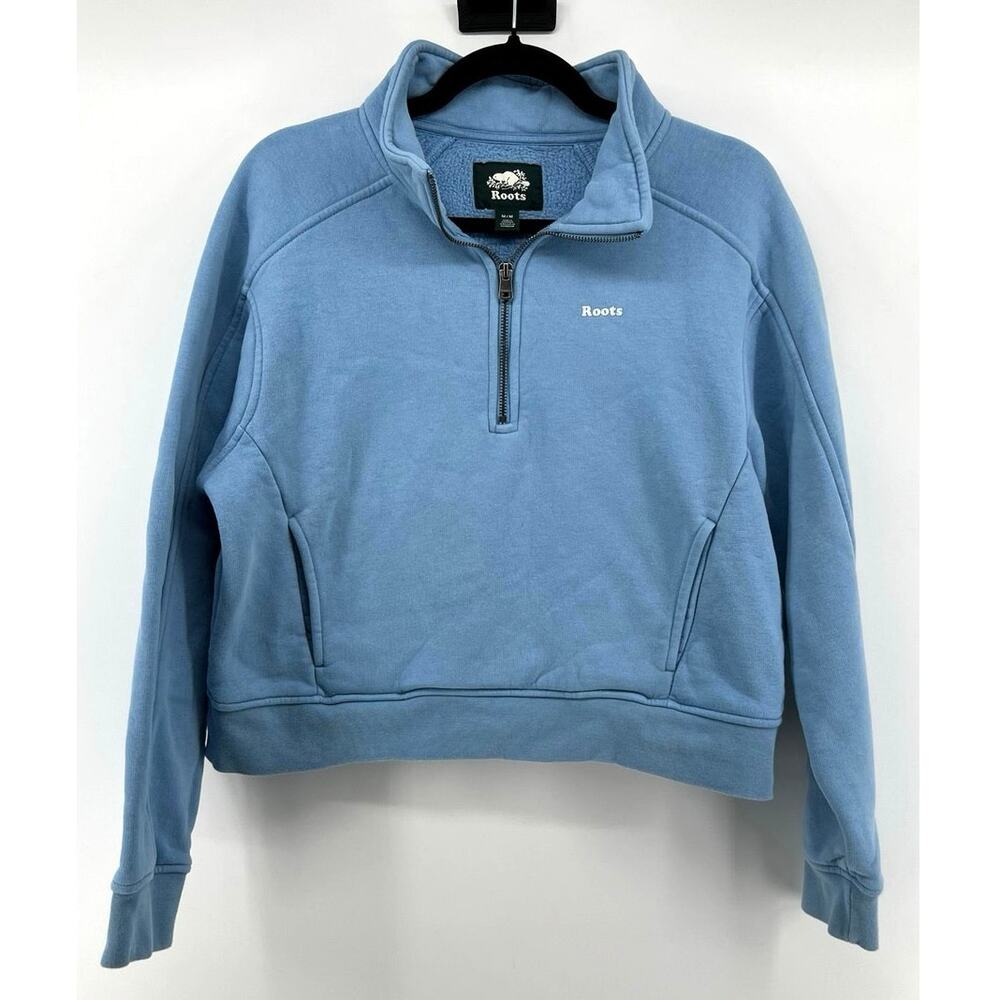 Roots Canada | Women's 1/4 Zip Cropped Pullover Sweatshirt Baby Blue Size M
